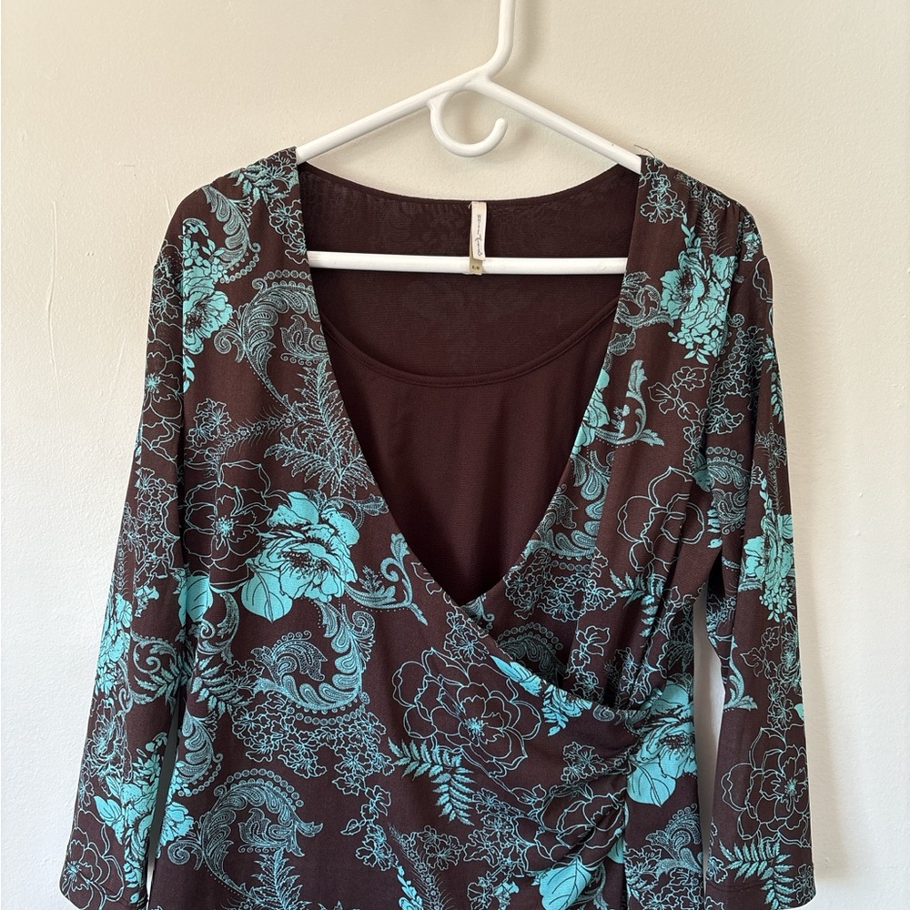 White Stag Floral V-Neck Wrap Top - Brown and Teal